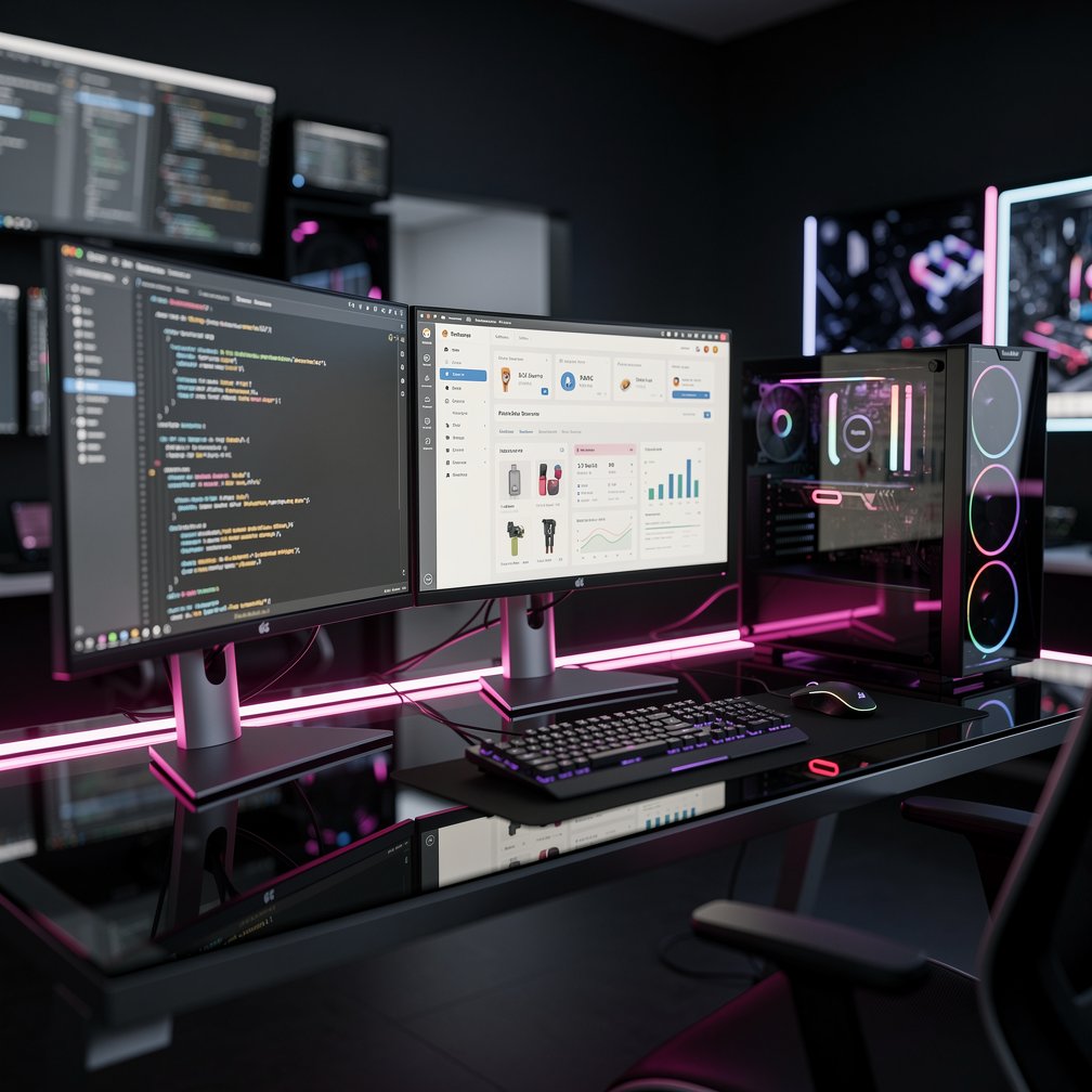 High-end professional workstation with multiple screens showing code and e-commerce analytics, PrestaShop aesthetic, futuristic neon pink and purple accents, depth of field, 8k resolution